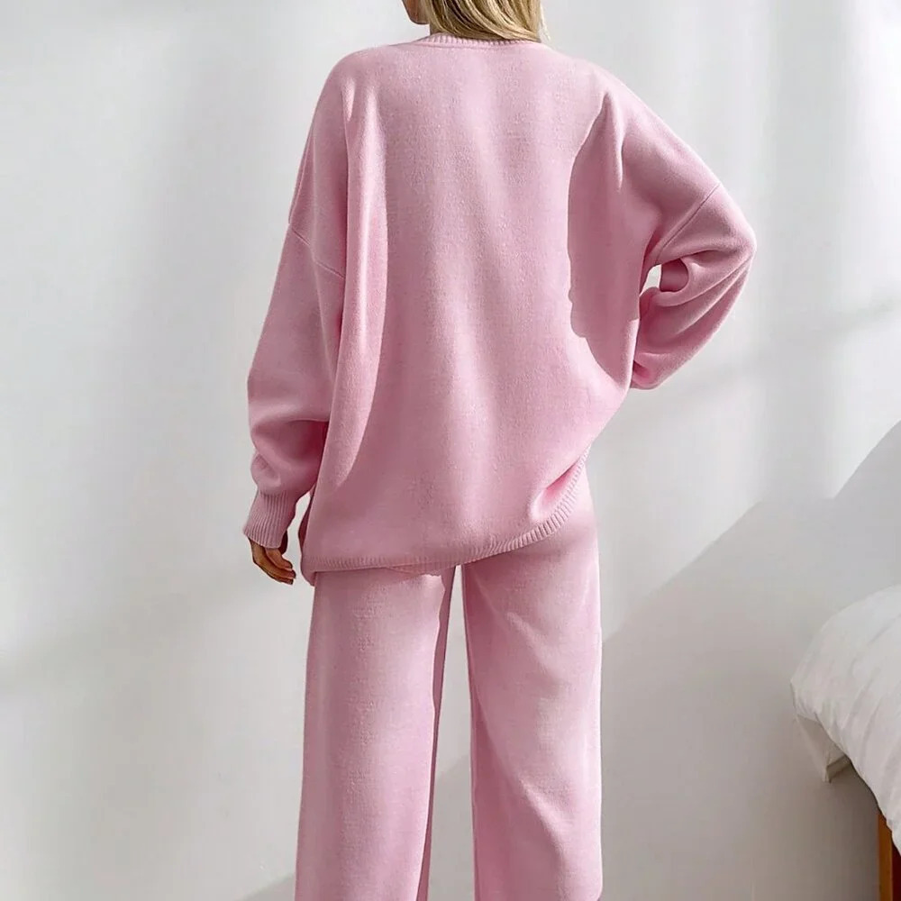 Pink Casual Women's Drop Shoulder Cardigan & Tie Front Knit Pants - Picture 2 of 6